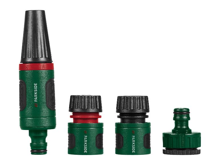 Ensemble de raccords de tuyau d'arrosage et buse Parkside en vert, rouge et noir.