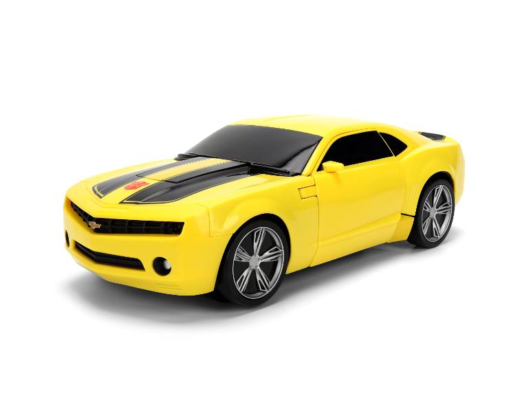 Voiture jouet jaune Chevrolet Camaro avec rayures noires et emblème Autobot.