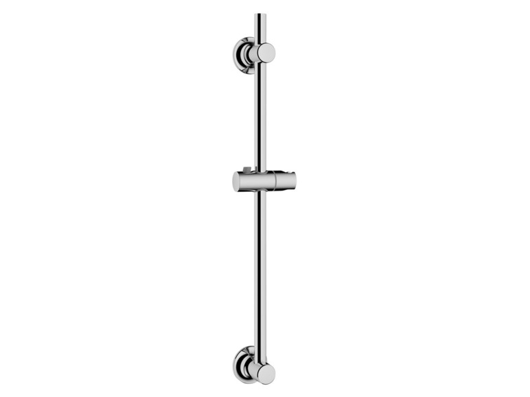 Une barre de douche chromée avec un support de pomme de douche réglable.
