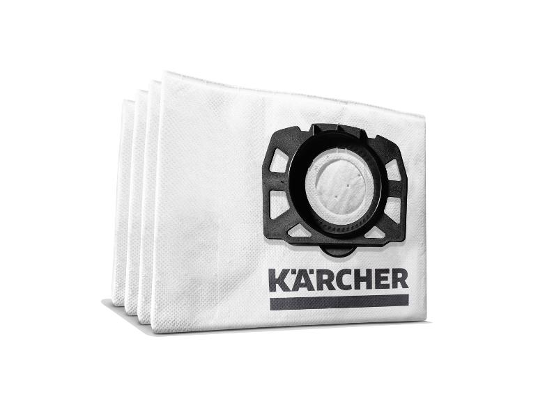 Sacs d'aspirateur blancs avec un raccord en plastique noir, empilés sur fond blanc.
