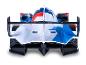 Vue arrière d'une maquette de voiture de course bleue, blanche et rouge.