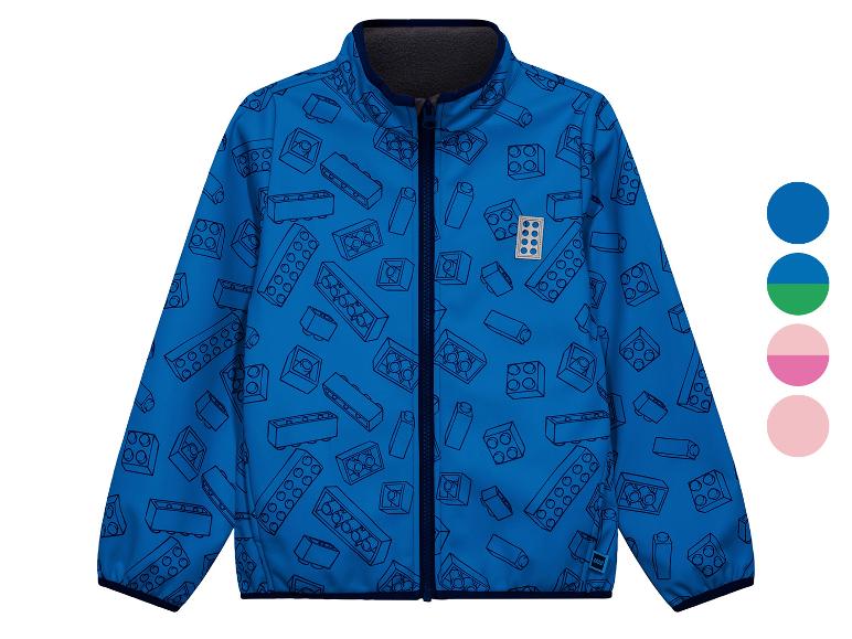 Veste bleue pour enfant avec un motif de briques de construction et des options de couleur.