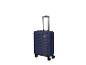 Valise bleue à roulettes avec poignée télescopique.