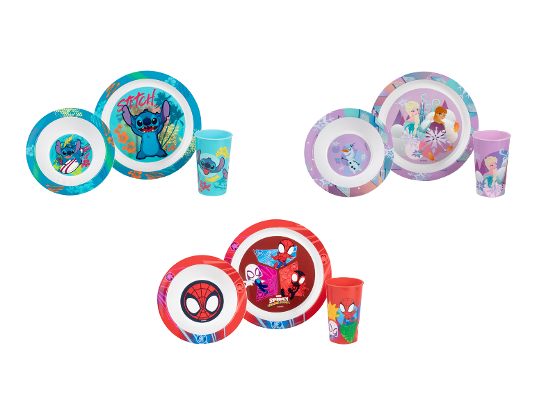Services de table pour enfants en trois pièces sur le thème de Stitch, La Reine des Neiges et Spider-Man.