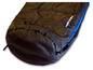 Un sac de couchage noir High Peak avec une fermeture éclair bleue.