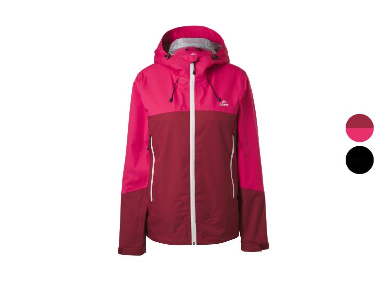Veste d'extérieur pour femme rose et bordeaux avec capuche et fermeture éclair blanche.