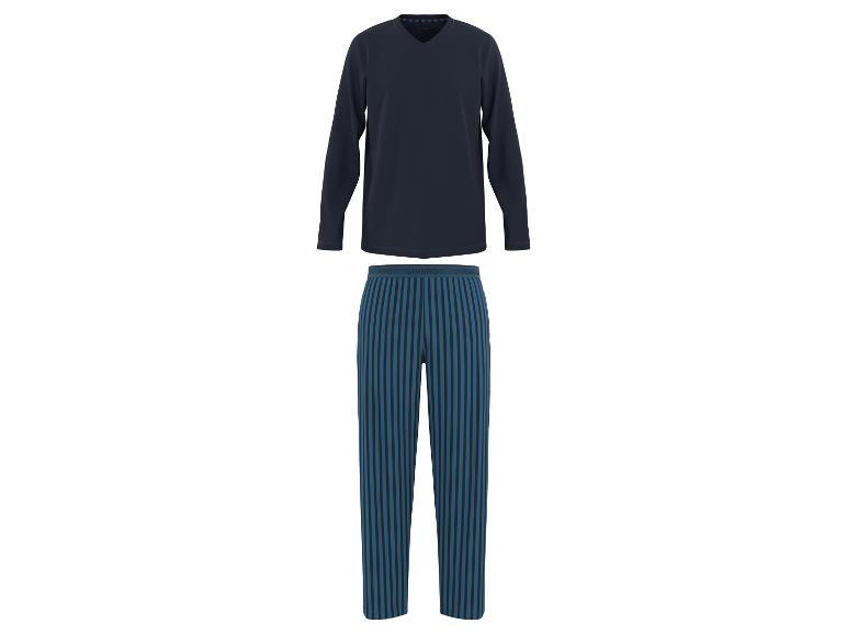 Un pyjama bleu foncé à manches longues et un pantalon rayé de Livergy.