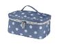 Une trousse de toilette bleue à pois blancs avec une fermeture éclair.