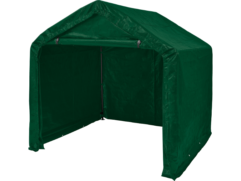 Tente de rangement verte avec façade ouverte pour usage extérieur.