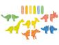 Ensemble de jouets dinosaures colorés avec pièces interchangeables et capsules de rangement.