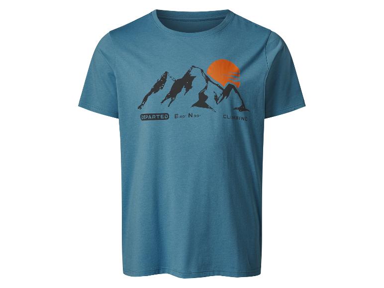 T-shirt bleu avec un motif de montagnes et de soleil.