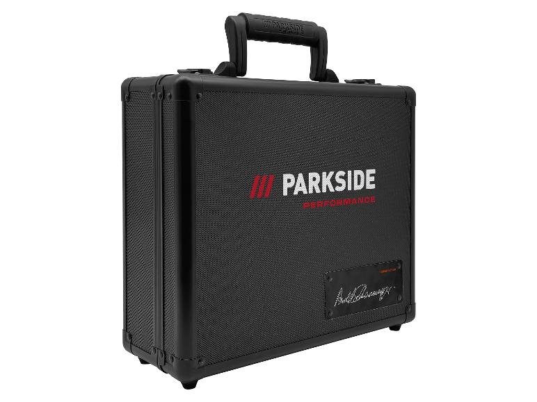 Mallette à outils noire avec logo PARKSIDE PERFORMANCE et signature d'Arnold Schwarzenegger.