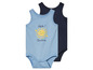 Deux bodys pour bébé, l'un avec un imprimé soleil et l'autre uni bleu foncé.
