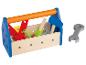 Boîte à outils en bois pour enfants avec un marteau et une clé.