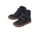 Une paire de chaussures pour enfants bleu foncé avec des fermetures velcro et des semelles marron.
