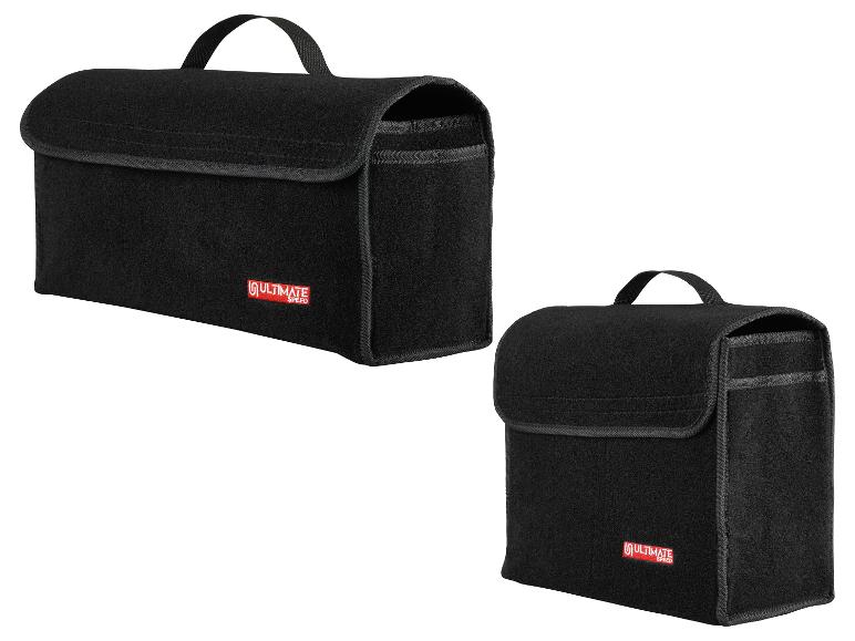 Deux sacs de rangement en feutre noirs Ultimate Speed, un horizontal, un vertical.