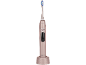 Brosse à dents électrique or rose avec base de chargement, avec des poils bleus et blancs.