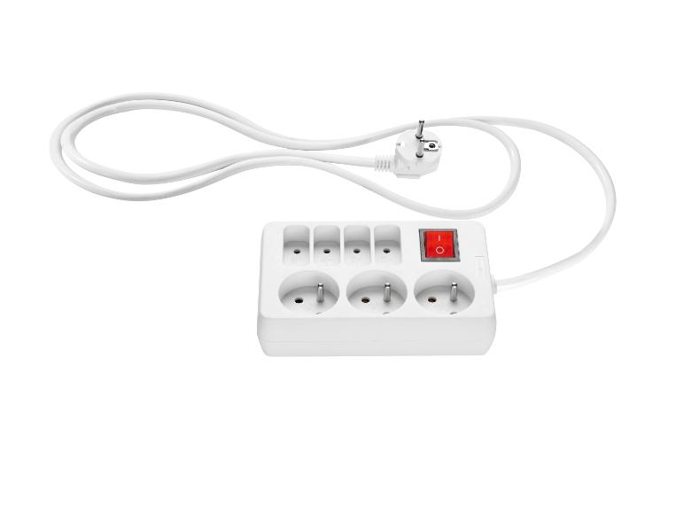 Multiprise électrique blanche avec interrupteur et plusieurs prises.