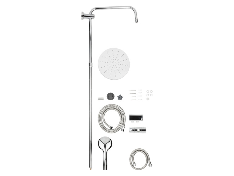 Un ensemble comprenant une pomme de douche, une barre de douche, un tuyau et des accessoires