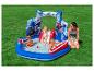 Centre de jeux gonflable pour enfants avec toboggan, eau et balles, thème super-héros.