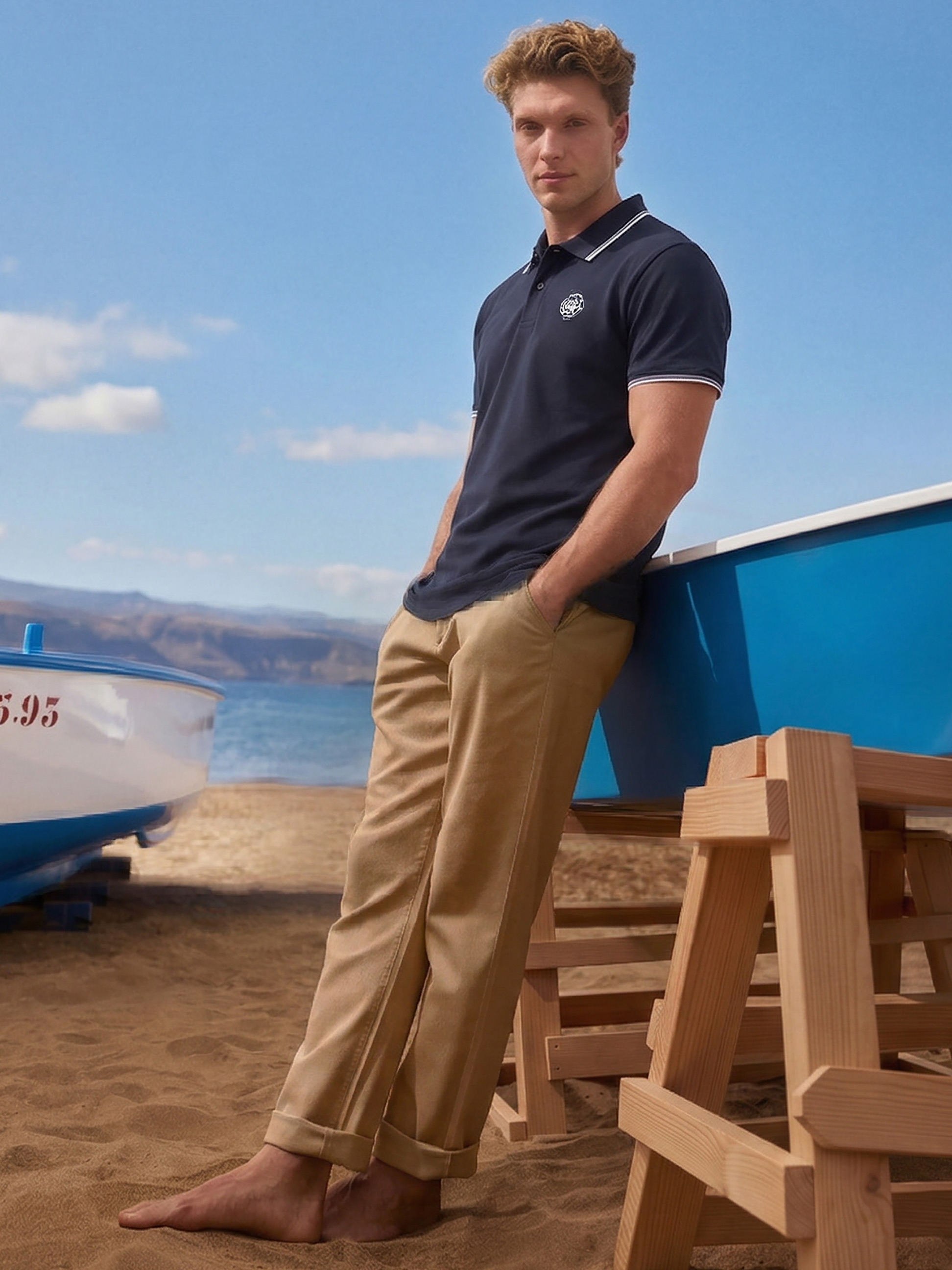 Homme en polo bleu marine et pantalon kaki sur une plage, appuyé sur un bateau.