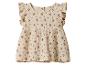 Robe bébé fille beige avec manches à volants et petit imprimé floral.