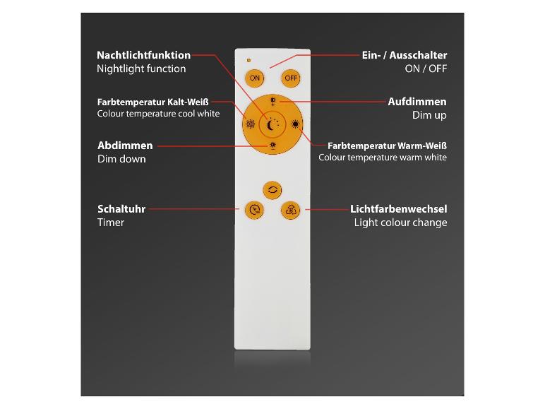 Télécommande avec fonctions veilleuse, température de couleur et minuterie.