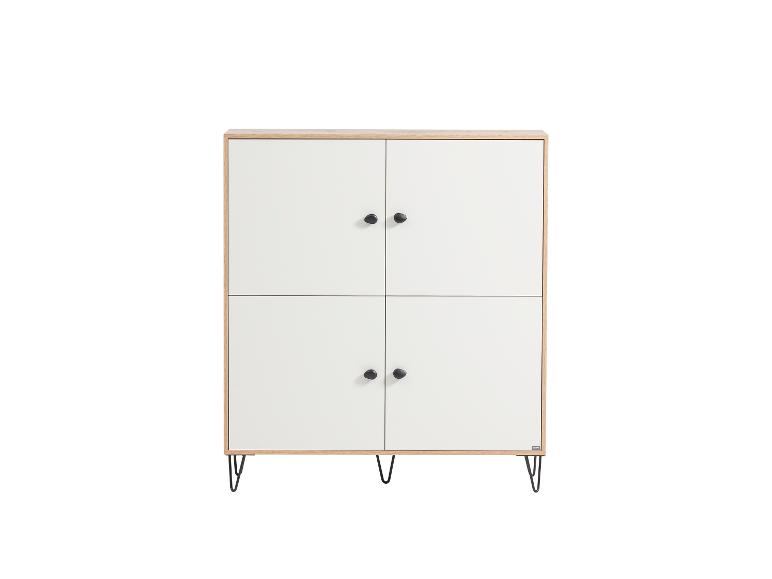Meuble de rangement blanc et bois avec quatre portes et poignées noires.