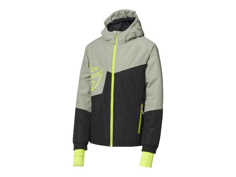 Veste de ski grise et noire avec des détails jaune fluo