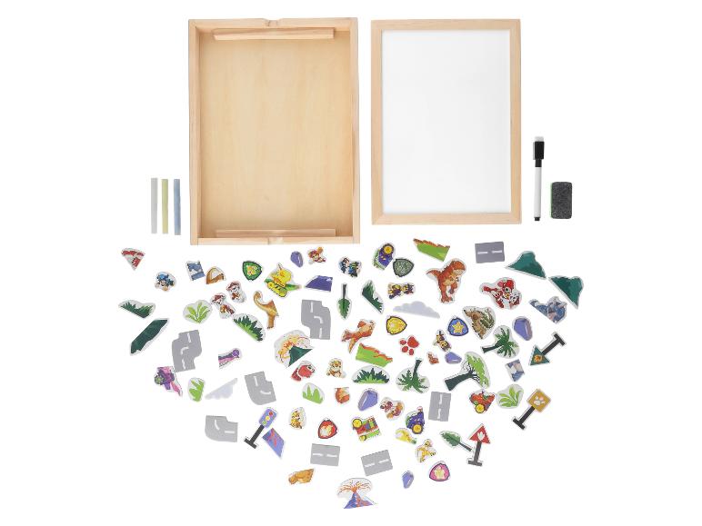 Tableau magnétique en bois avec craies, marqueur et gommes, et des aimants sur le thème des dinosaures.