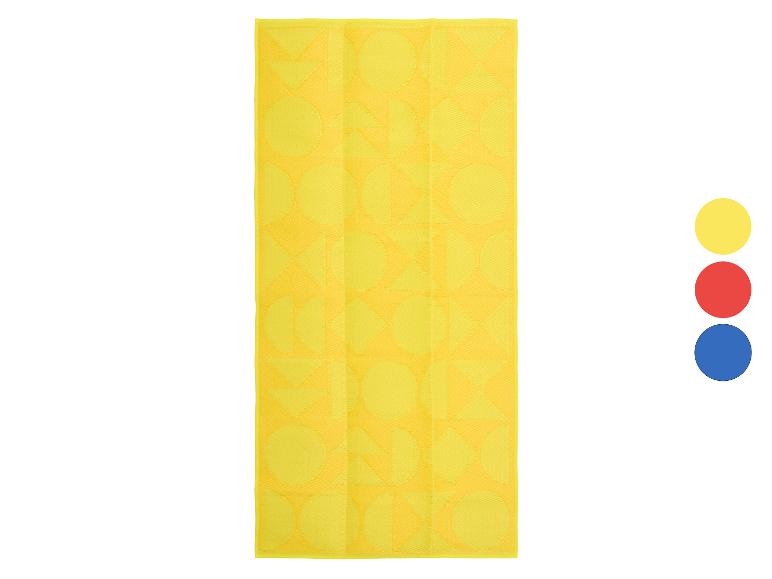 Tapis de plage jaune avec motifs géométriques et échantillons de couleurs.