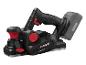 Une rabotteuse manuelle noire Parkside Performance avec un bouton rouge et une batterie X20V.