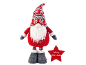 Gnome de Noël rouge et gris avec une barbe blanche, tenant une étoile rouge avec 'Merry Christmas'.