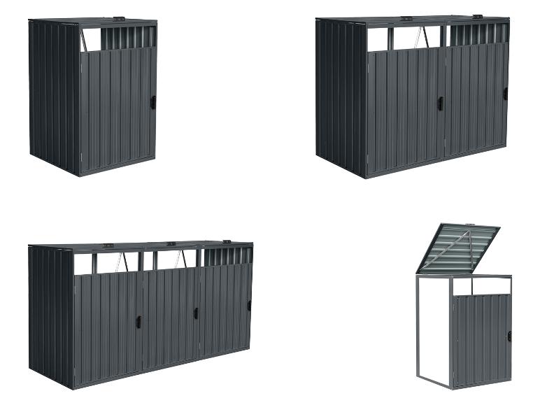 Quatre vues d'un abri de rangement en métal gris foncé avec portes et couvercles supérieurs.