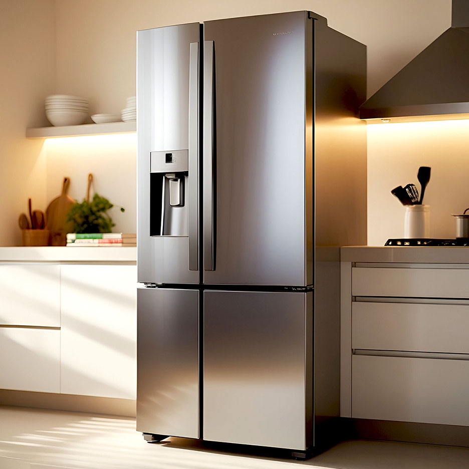 Réfrigérateur en acier inoxydable avec distributeur d'eau dans une cuisine moderne.