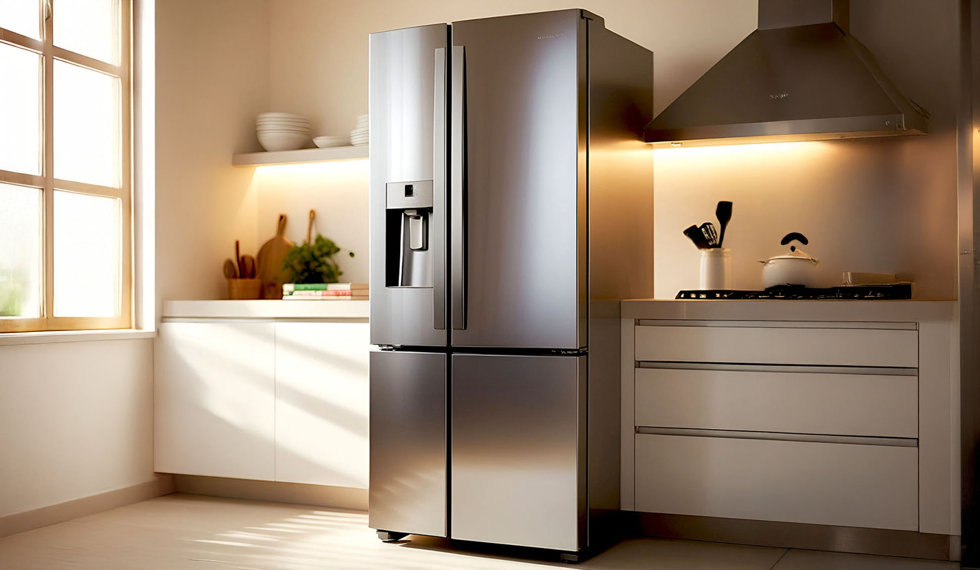 Une cuisine moderne avec un grand réfrigérateur autoportant en acier inoxydable et des armoires blanches.