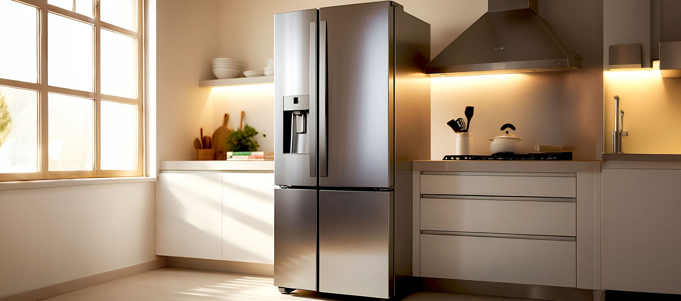 Cuisine moderne avec un grand réfrigérateur autoportant en acier inoxydable et des armoires blanches.