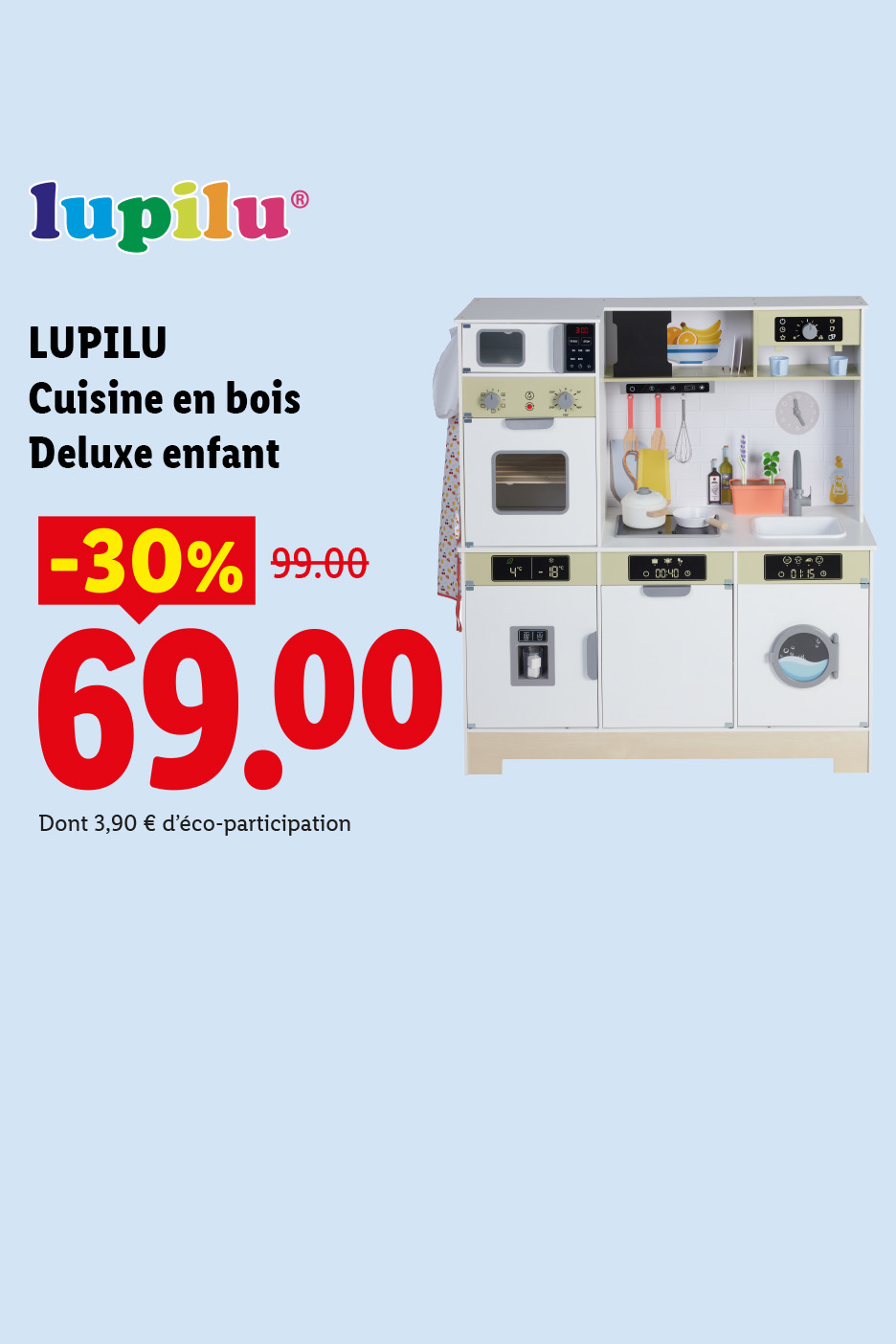 Une cuisine en bois de luxe pour enfant, avec une réduction de 30%, passant de 99,00 € à 69,00 €.