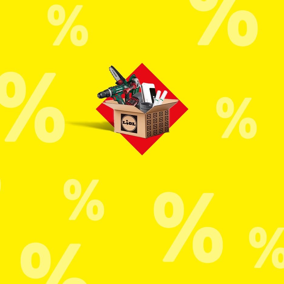 Une boîte Lidl remplie d'outils électriques et d'accessoires sur fond jaune avec des symboles de pourcentage.