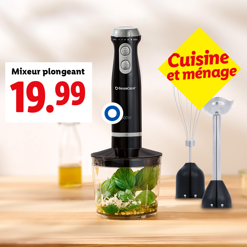 Un mixeur plongeant Silvercrest noir avec des accessoires, affiché à 19,99 €.