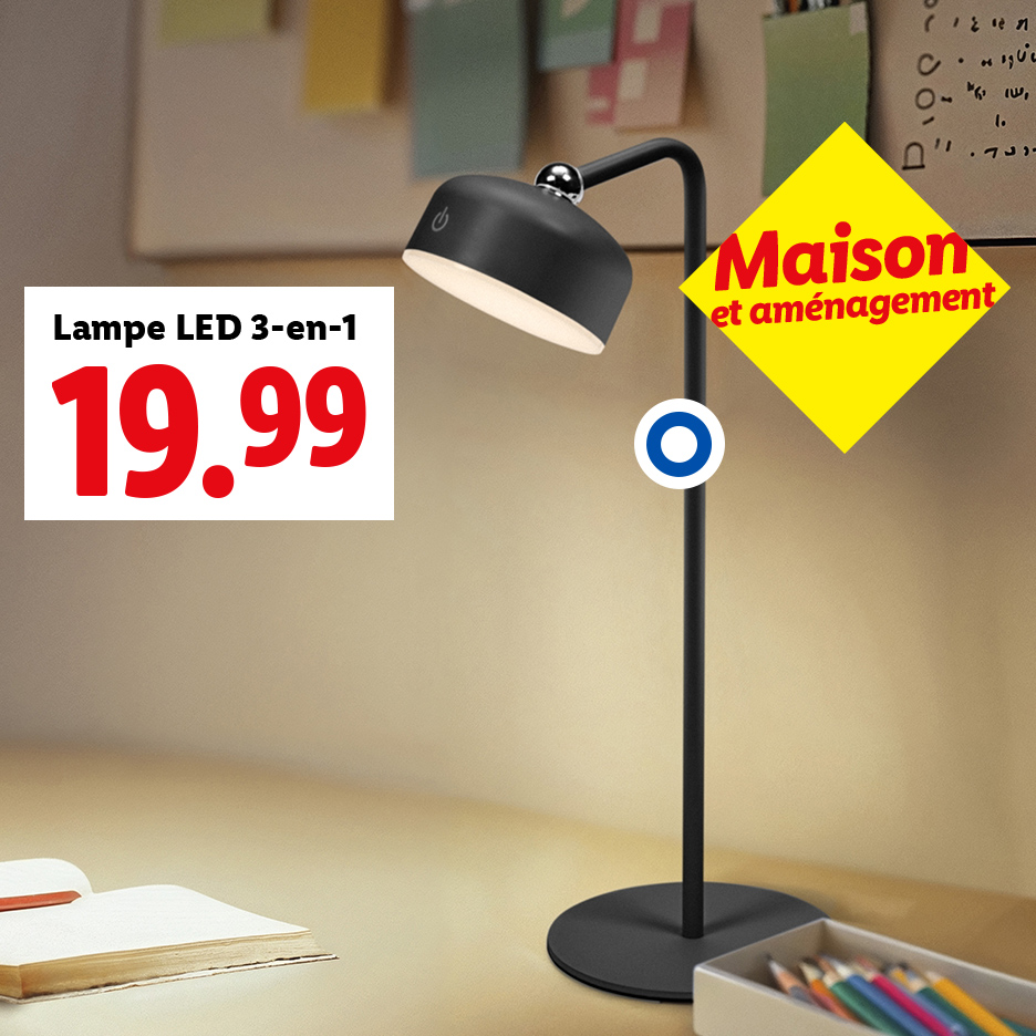 Lampe LED 3-en-1 noire sur un bureau avec un prix de 19,99 € et l'inscription 'Maison et aménagement'.