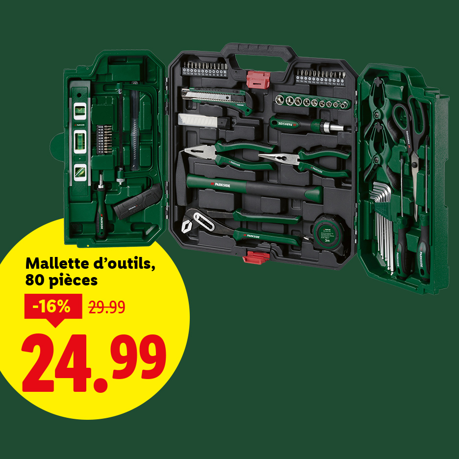 Une mallette à outils de 80 pièces avec marteau, pinces, tournevis et clés.