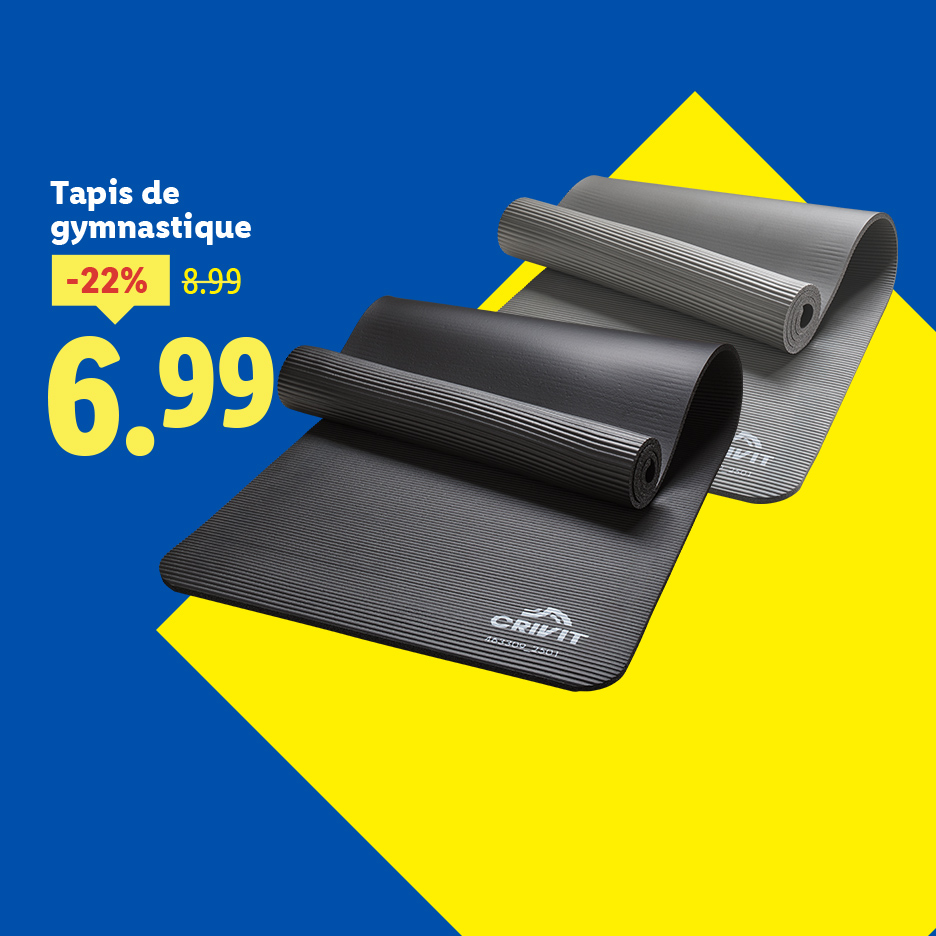 Deux tapis de gymnastique Crivit, un noir et un gris, sur fond bleu et jaune, avec une offre de prix.