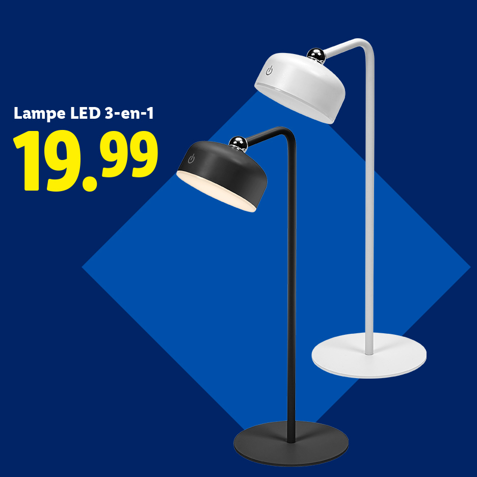 Deux lampes LED 3-en-1, une noire et une blanche, sur fond bleu avec un prix de 19,99.