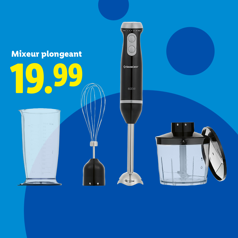 Un mixeur plongeant SilverCrest de 600W avec des accessoires et un prix de 19.99.