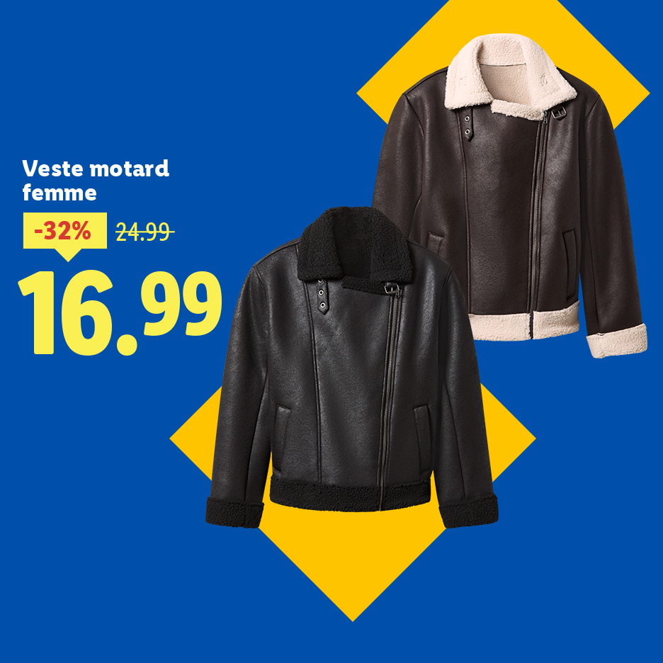 Deux vestes motardes pour femme, une noire et une marron, avec des réductions de prix.