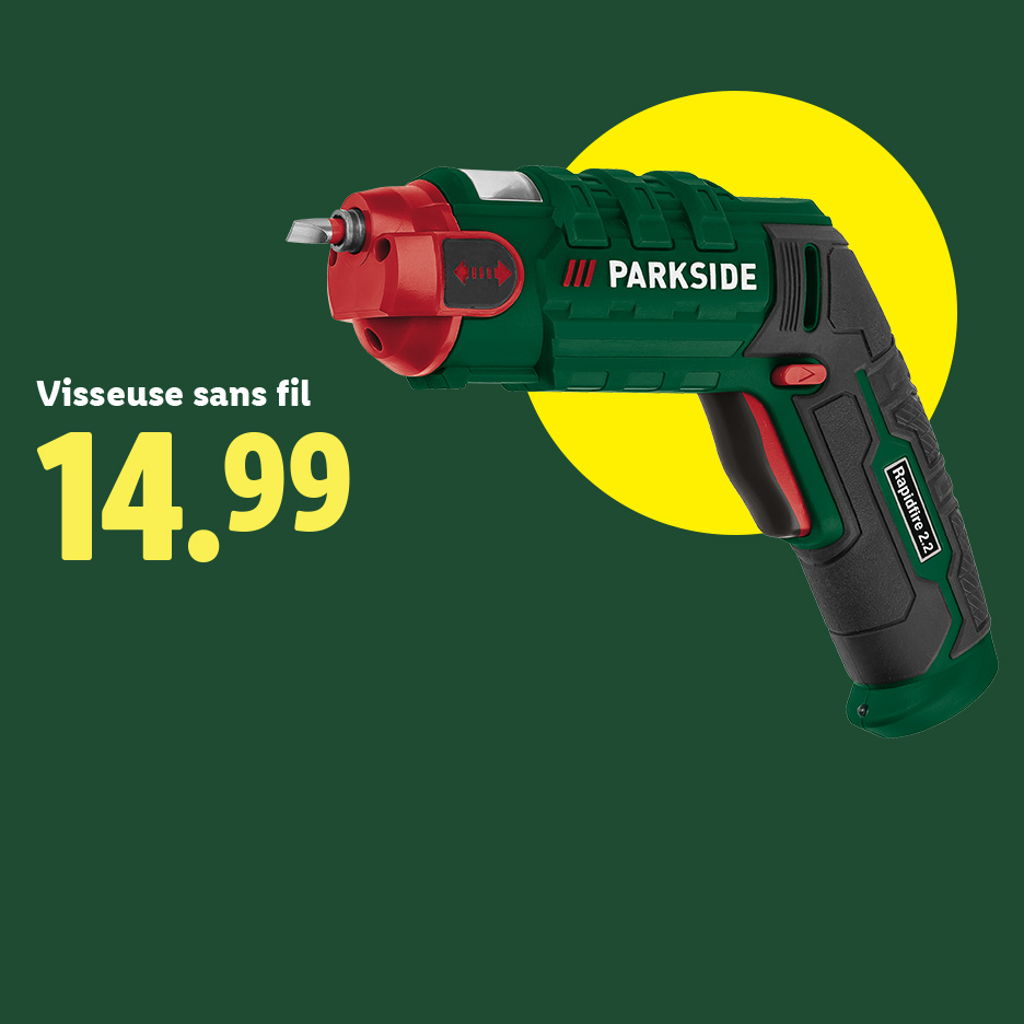 Une visseuse sans fil verte et noire avec des accents rouges, affichée sur un fond vert avec un cercle jaune, au prix de 14,99.