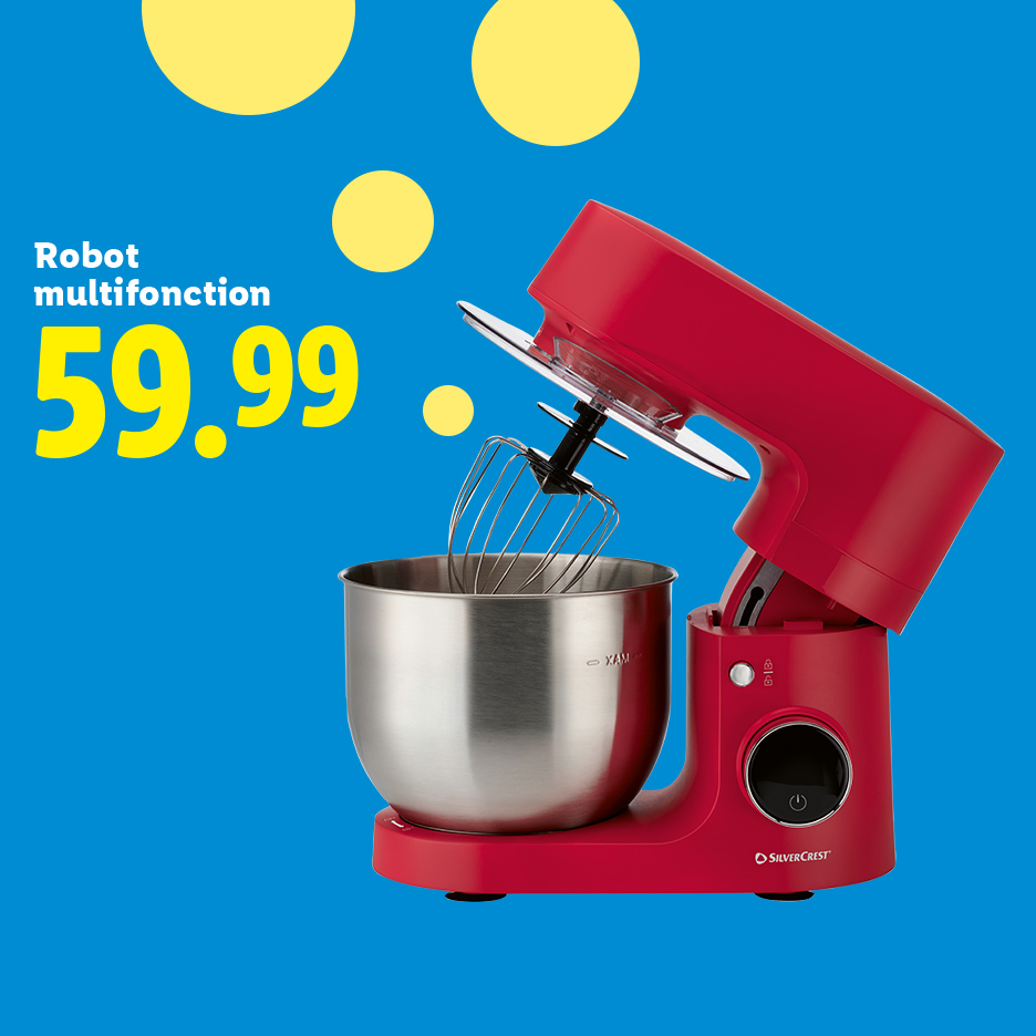 Robot multifonction rouge avec bol en acier inoxydable et fouet, prix 59.99.