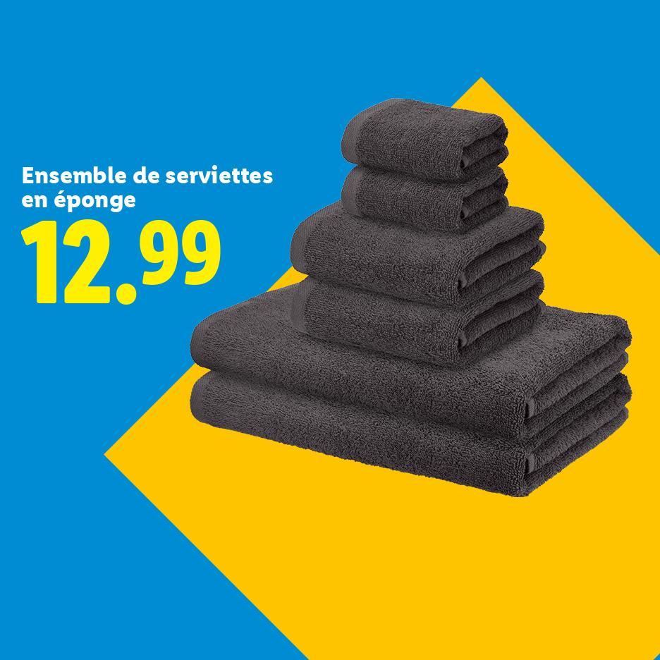 Ensemble de serviettes en éponge grises, prix 12.99.