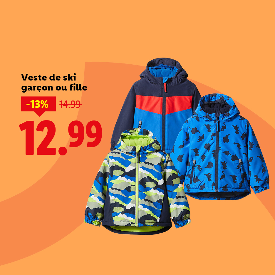 Trois vestes de ski pour enfants, dont une camouflage et une à motifs de dinosaures, en promotion.
